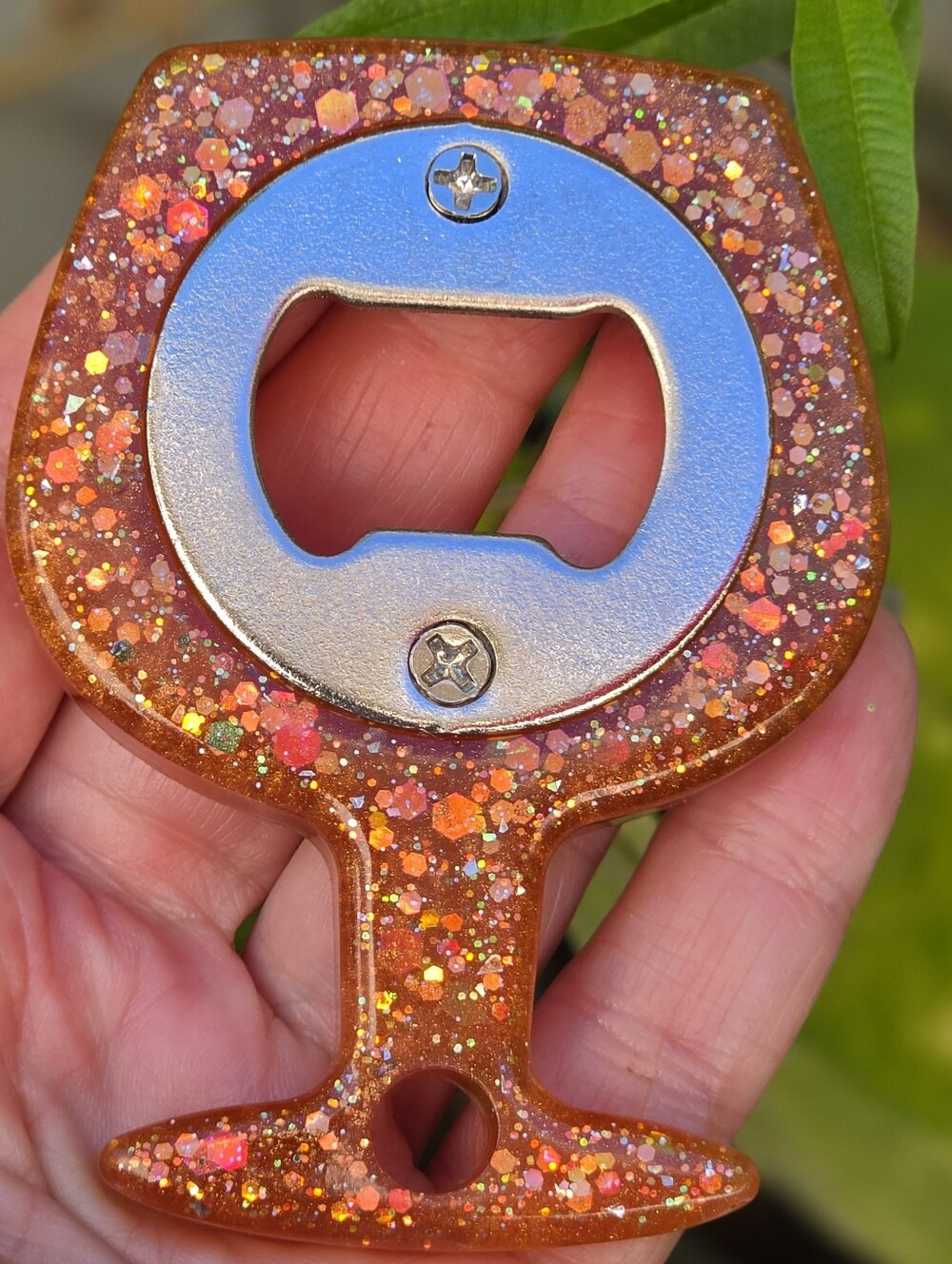 Handmade Resin Bottle Opener – Orange Amber Glitter Wine Glass